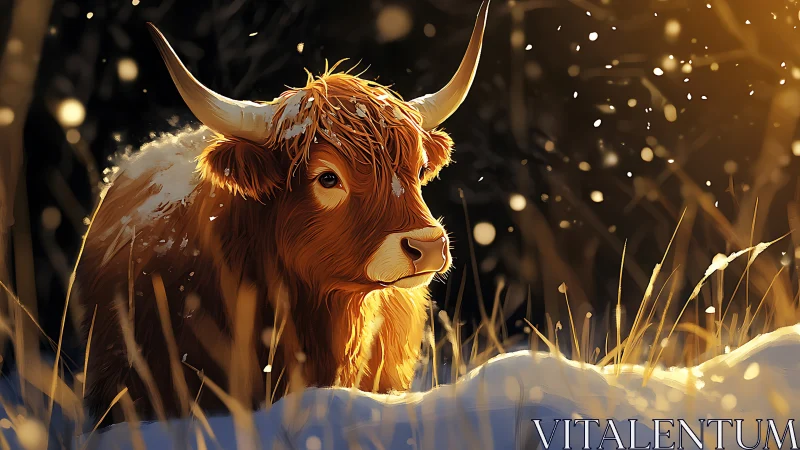Highland cow in golden winter backlight, snow drifting softly.