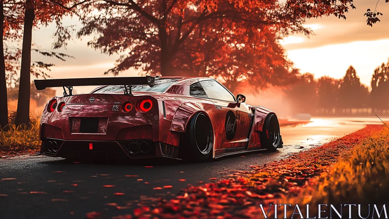Widebody Nissan GT-R rendered with autumnal bokeh and low-angle light