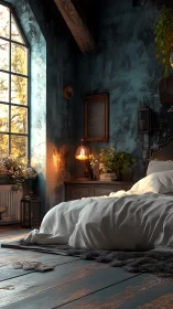 Sunlit rustic bedroom with moody teal walls and textures.