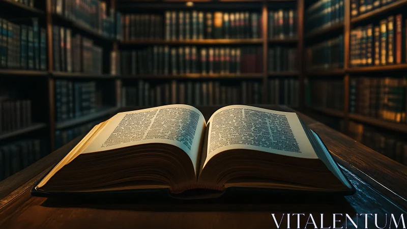 Open reference book lies on wooden table in library