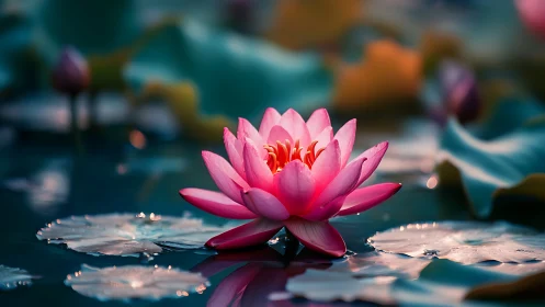 Pink water lily is positioned centrally on a reflective pond