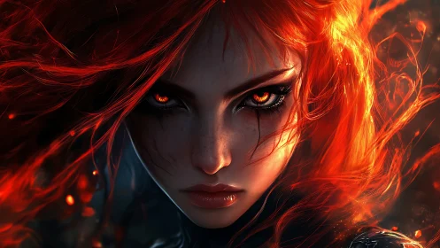 Fiery eyed woman stares forward amid glowing red hair