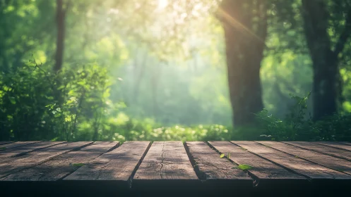 Sunlit Wooden Deck in Lush Green Forest with Soft Focus Background.