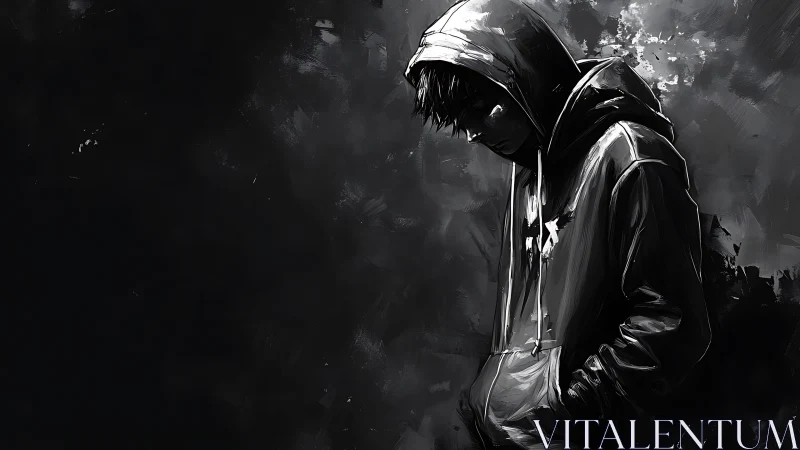 Hooded youth stands in monochrome shadows, lost in thought.