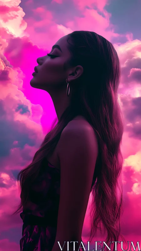 Chromatic side-profile portrait in magenta cloudscape gradient.