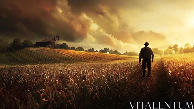 Digital painting of lone farmer on sunset-lit cornfield path.