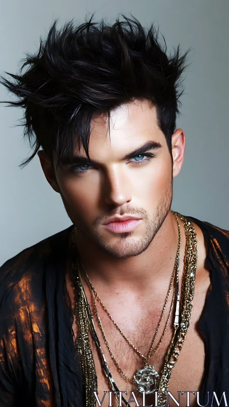 Male model portrait shows styled hair, jewelry, direct gaze