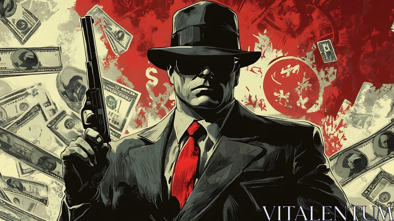 Noir enforcer with revolver amid kinetic currency cascade.