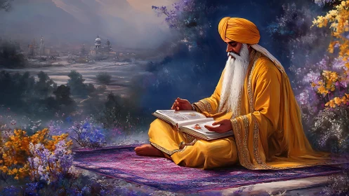 Elder in saffron robes studies illuminated scripture amid floral landscape