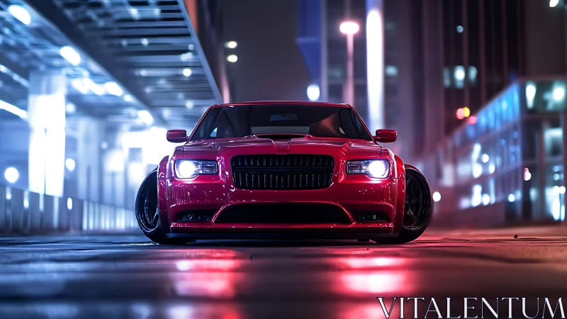 Low-slung red sports sedan glows under neon city lights.