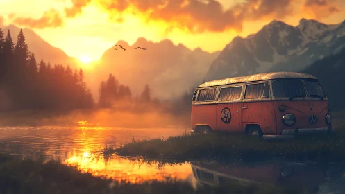Sunset-lit vintage camper van beside reflective alpine lake