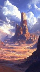 Vertical desert butte under volumetric clouds, high contrast lighting