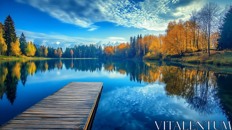 Wooden pier on calm forest lake under bright blue sky.