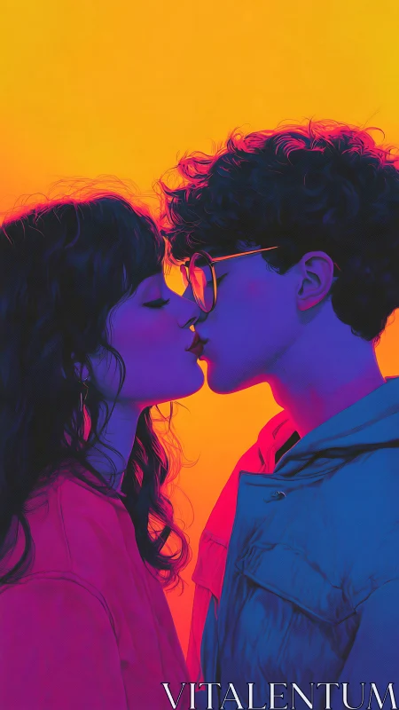 Neon color portrait of two young people sharing kiss.