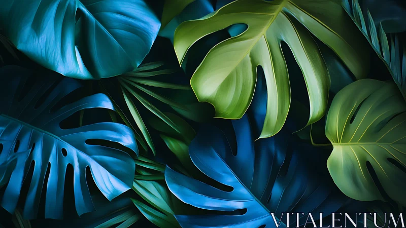Tropical monstera foliage shows high contrast teal and green leaves