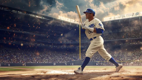 Power hitter celebrates long home run in packed stadium.