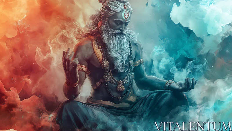 Mystic sage meditates between roaring fire and drifting ice.