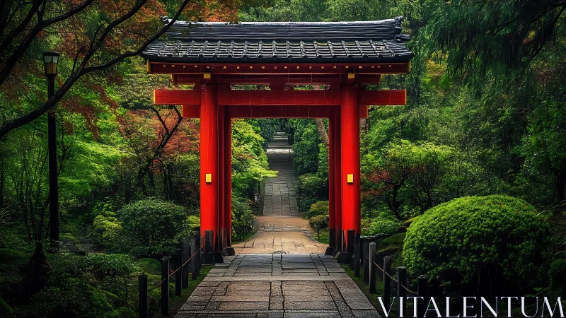 Red Japanese torii gate framing stone path in dense garden.