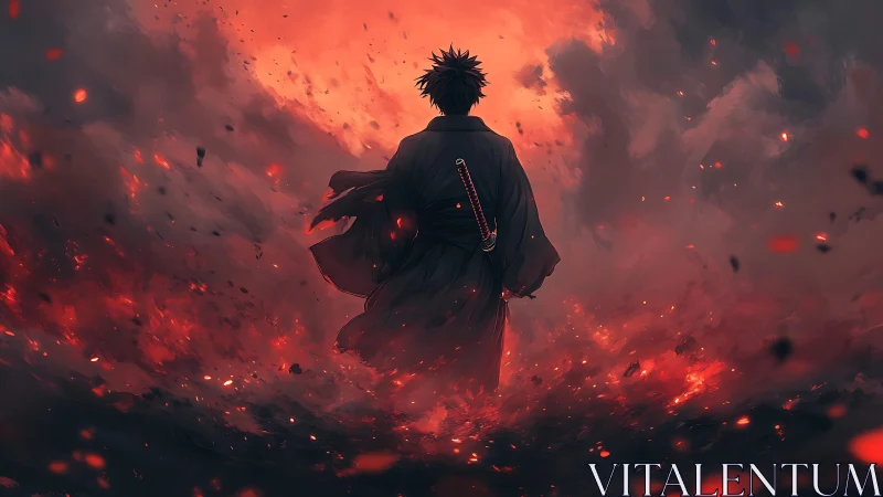 Lone emberborn swordsman walking through a burning dusk storm.