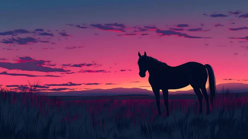 Digital painting silhouette of horse at neon dusk horizon.