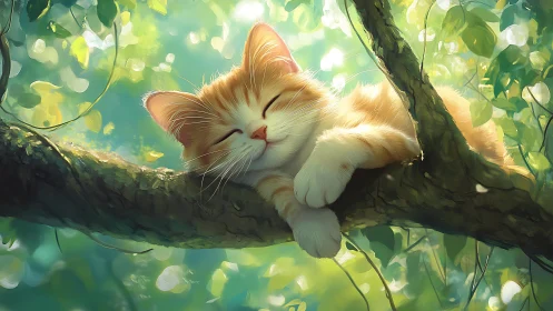 Ginger Cat Resting Peacefully on a Branch in Sunlit Forest