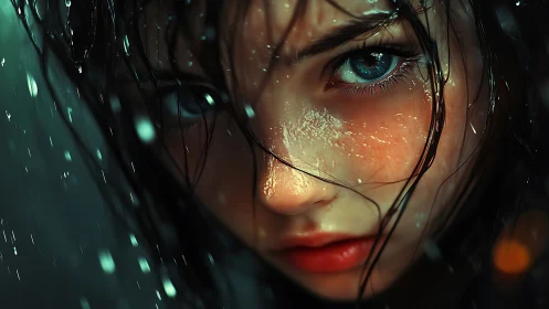 Stormlit girl portrait with icy gaze and wet strands.