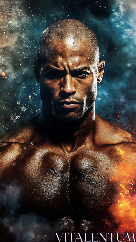 Hyperreal muscular portrait with cosmic fire and smoke field