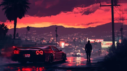 Retro supercar on neon-soaked boulevard at dusk in cityscape