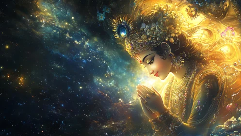 Radiant celestial deity bows in prayerful cosmic light