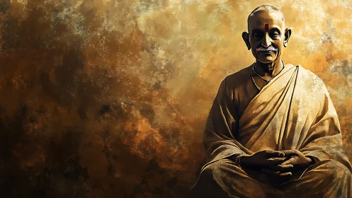 Golden robed sage drifting through a storm of quiet light.