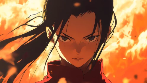 Fierce anime heroine standing strong in a storm of fire.