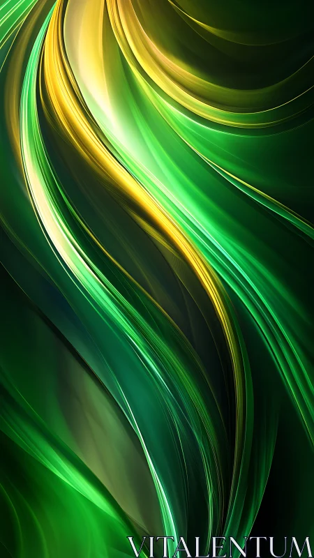 Curved luminous green and gold ribbons form dynamic abstract flow