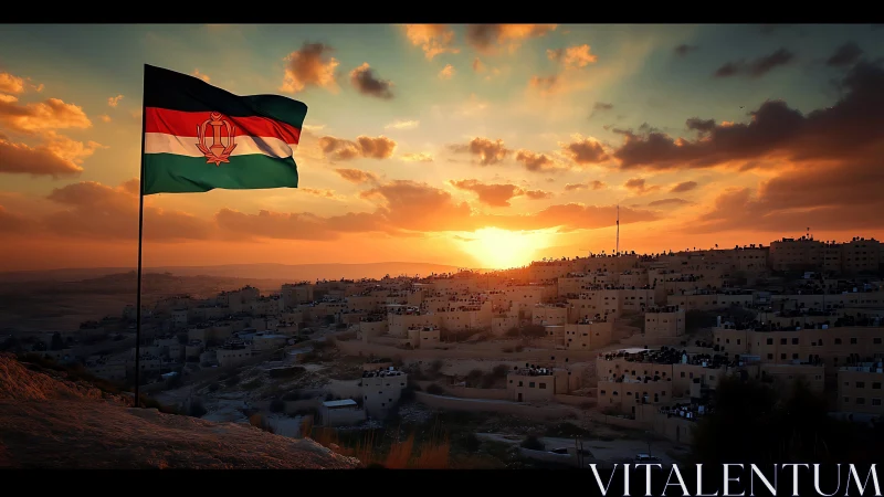 Sunset cityscape with tricolor flag above desert skyline.