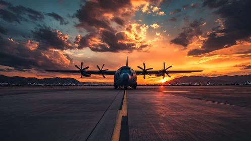 Sunset runway calm with a waiting propeller aircraft.