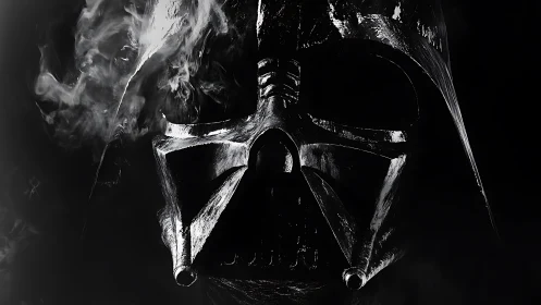 Dark sci fi helmet in dramatic smoky monochrome closeup