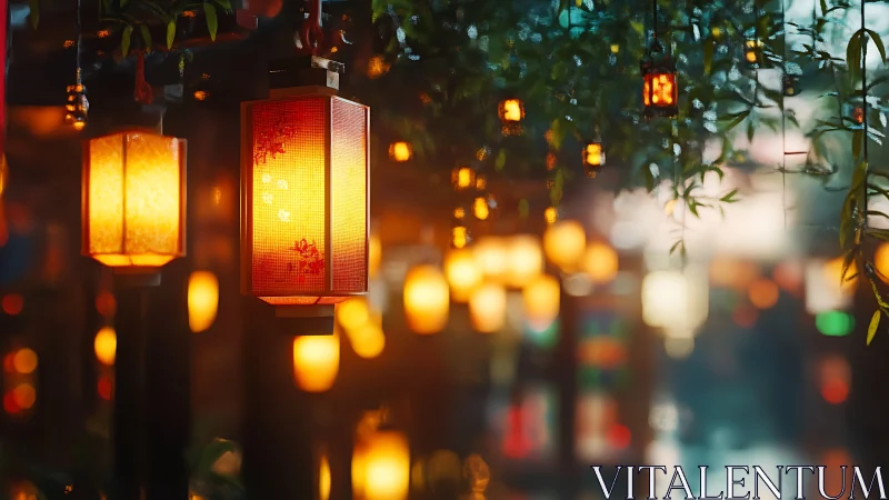 Hanging lanterns with warm light in leafy outdoor setting.
