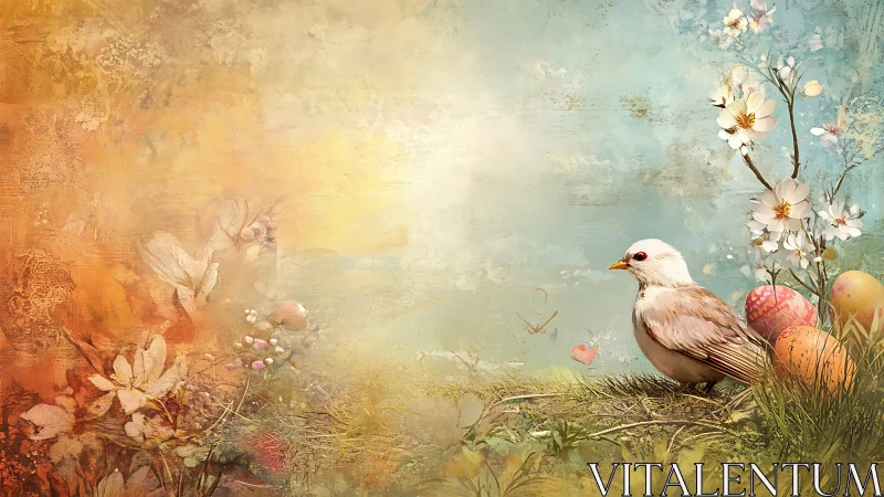 Pastel songbird with spring blossoms, easter eggs and soft bokeh field
