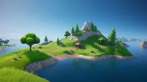 Floating Island with Mountain Peak and Coastal Landscape.