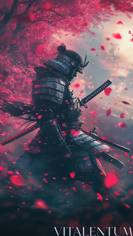 Samurai in armor under cherry blossoms with falling petals.