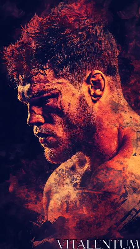 Focused male fighter portrait in fiery digital textures.