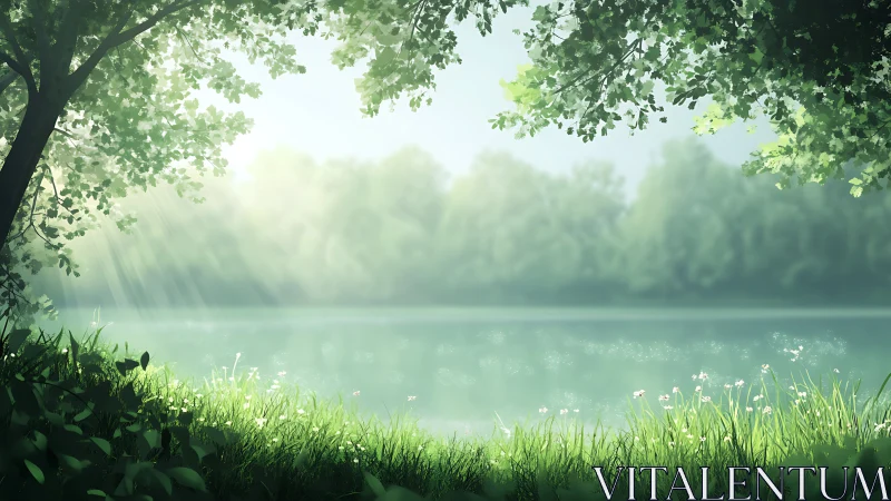 Morning light tiptoes across a quiet emerald riverside