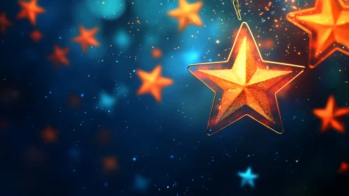 Glowing amber stars drift through a dreamy midnight cosmos.