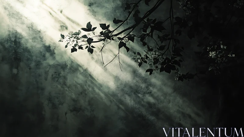 Moody branch silhouette with sunlight on textured wall background.