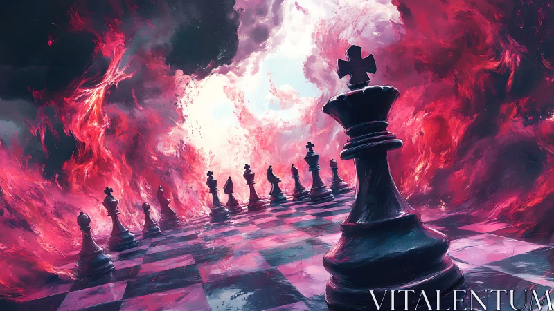 Chess kings on burning board under storm of red clouds.