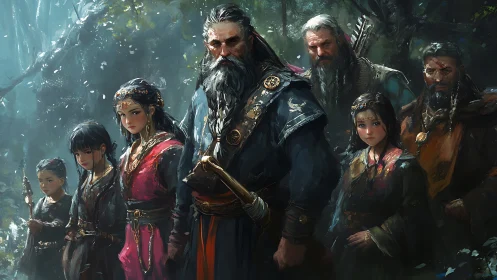 Fantasy forest clan group with elder leader in front line.