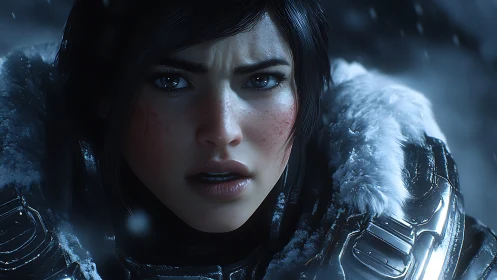 Close portrait of armored woman in cold environment.