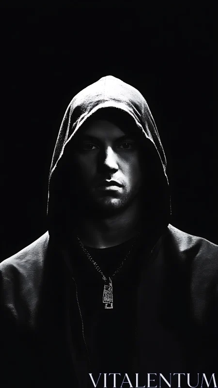 Hooded male portrait in high contrast monochrome lighting.