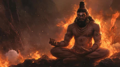 Seated figure meditates amid volcanic fire and smoke plume