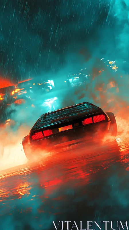 Neon drenched night drive with a retro car in the rain.