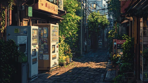 Sunlit vending corner on a quiet, ivy-lined city alley.
